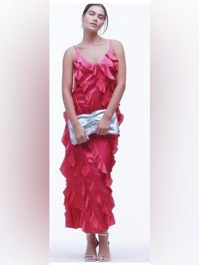 Anthropologie Bias-Cut Ruffled Midi/Maxi Dress - Hot Pink: Size XS